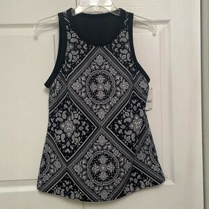 NWT $42 Lands’ End Black-White Tankini High Neckline Bandanna Print Rash-guard